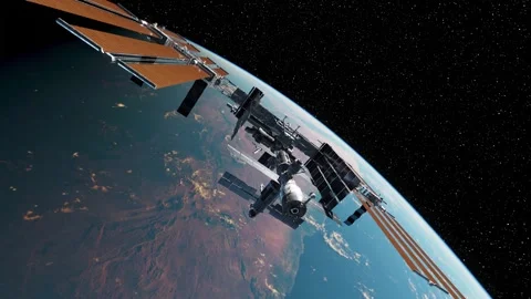 Space station  in high orbit above planet earth Stock Footage 270464858