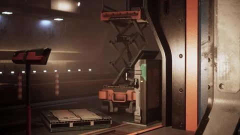 Space station interior characterized by metal walls and low light 스톡 일러스트