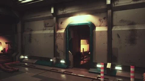 Space station interior characterized by metal walls and low light Illustrazione stock