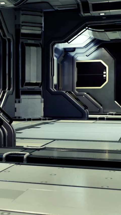 Space station interior in a futuristic setting with metal walls and floors Stock Footage 336014066