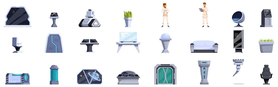 Space station interior icons set. Spaceship interior furniture and equipmen.. Stock Illustration