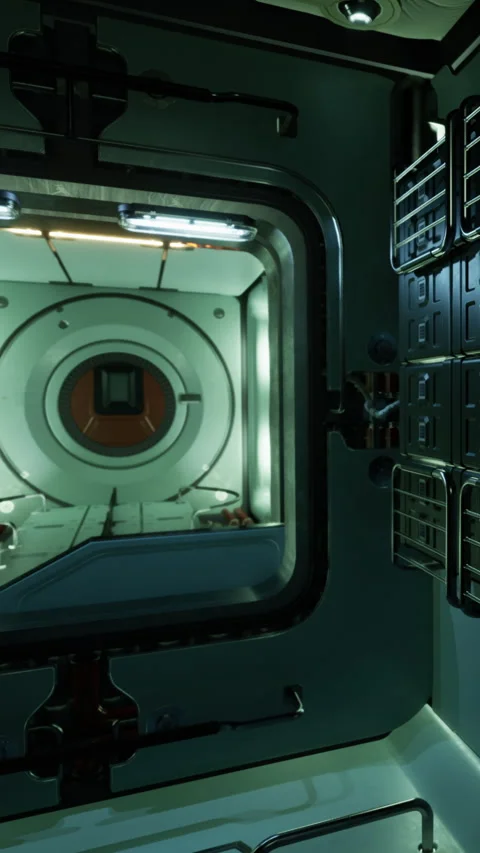 Space station interior view showing a control area with lights and equipment Stock Footage 337972739