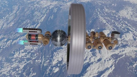 Space station with ion engines flying in earth orbit Stock Footage 251632242