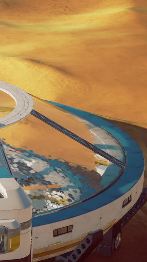 Space station located on Mars with a glass dome and sandy landscape Stock Footage 334106697