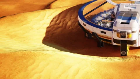 Space station located on orange sand dunes at sunset hour Stock Footage 344317249