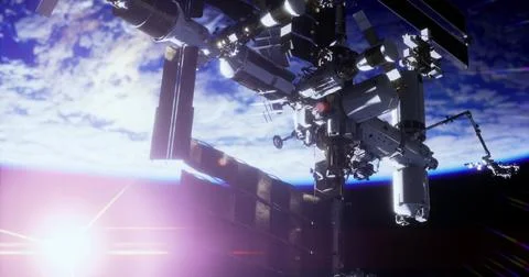 Space station in low Earth orbit surrounded by sunlight and atmosphere Stock Illustration