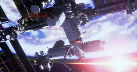 Space station in low Earth orbit capturing sunlight over the planet Stock Illustration