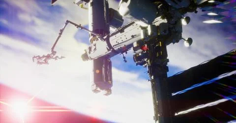 Space station in low Earth orbit during midday sun with equipment visible Stock Illustration