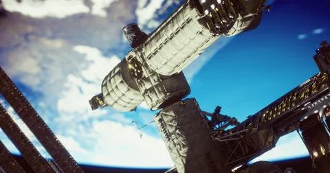 Space station in low Earth orbit with blue sky and clouds above Stock Illustration