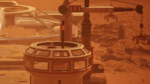 Space station on Mars with structures and vehicles during sunset Stock Footage 344115025