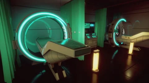 Space station medbay with illuminated ring and control array Stock-Footage 335595435