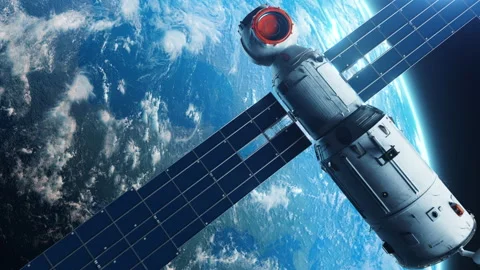 The Space Station module orbits Planet Earth. Concept of Technology and Space Stock Footage 240535097