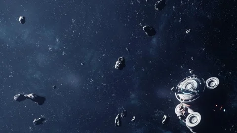 Space station near asteroid field in deep space with many asteroids Stock Footage 344374432