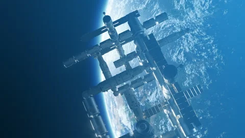 A space station or laboratory is flying in space against the background of an Stock Footage 290483133