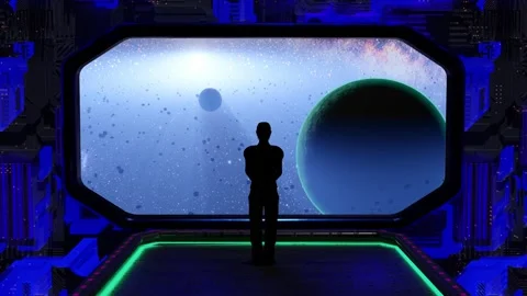 Space station or spaceship a man looks in the window into planets and asteroids Stock Footage 284542075