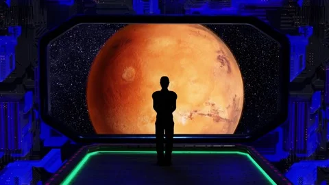 Space station or spaceship man looks though the window into the planet mars Stock Footage 284542085