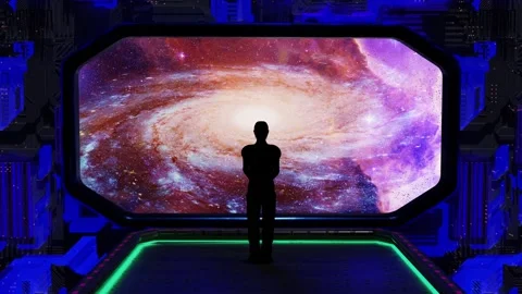 Space station or spaceship where a man who looks though the window into galaxy 스톡 동영상 284542251