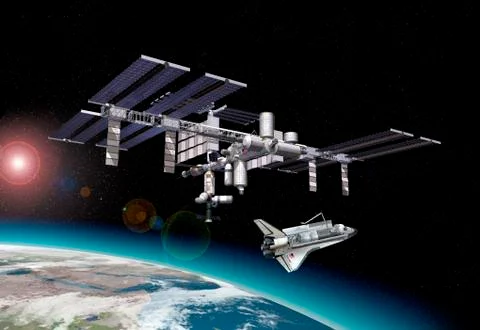 Space station in orbit around Earth with space shuttle. Stock Illustration