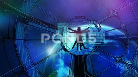 Space station in orbit, Vitruvian astronaut Stock Photos