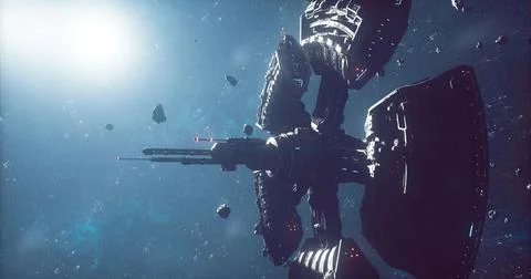 Space station orbiting an asteroid field with distant sun in background Illustrazione stock