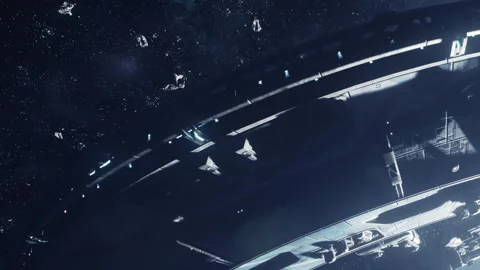 Space station orbiting in the dark sky filled with stars and asteroids Stock Footage 344844872