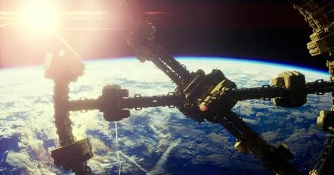 Space station orbiting Earth with a bright sun in the background during dawn Stock Illustration