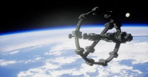 Space station orbiting Earth with a distant moon in the background Stock Illustration