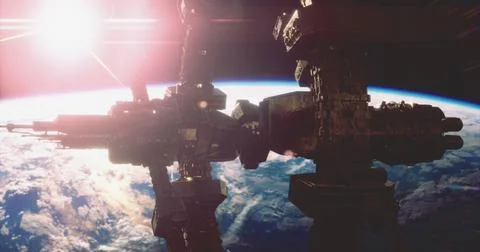 Space station orbiting Earth during sunrise with vivid light reflection Stock Illustration