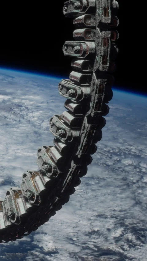 Space station orbiting Earth near the atmosphere at a distant point in time Stock Footage 344958044