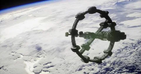 Space station orbiting Earth showcasing futuristic design and technology Stock Illustration