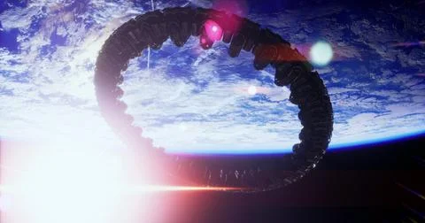 Space station orbiting Earth with a striking visual of the planet Stock Illustration