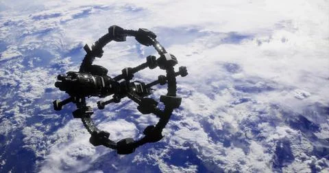 Space station orbiting Earth with stunning cloud formations below Stock Illustration