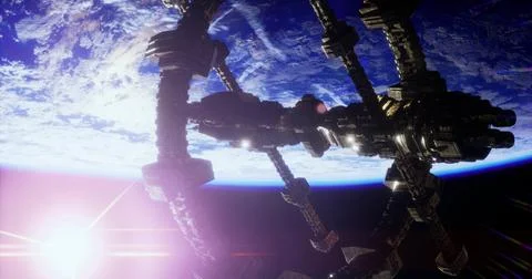 Space station orbiting Earth with sun glare and planetary view Stock Illustration