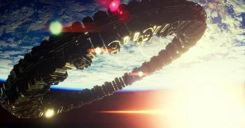 Space station orbiting Earth at sunset with glowing lights and structure Stock Illustration