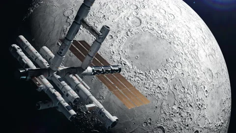 A space station orbiting the moon. the concept of studying the planets and sa Stock-Footage 239537418