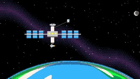 Space station orbiting a planet with shuttle docking and astronaut Stock-Footage 348648658