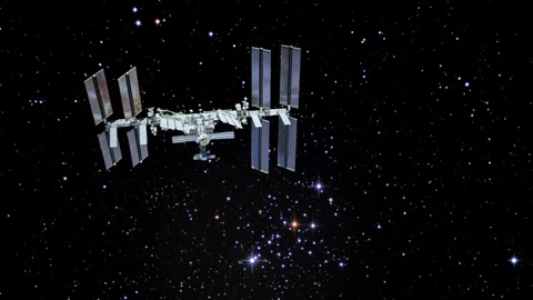 Space Station Orbiting through the Universe Stock Footage 107290239