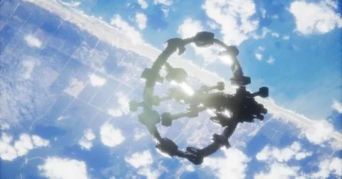 Space station orbits Earth above cloud covered coast during daylight Stock Illustration
