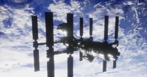 Space station orbits Earth above a beautiful cloud layer during daylight Stock Illustration