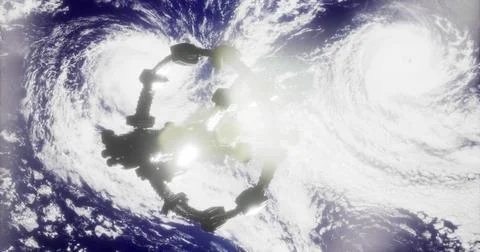 Space station orbits Earth amidst swirling storms in dramatic view Illustrazione stock