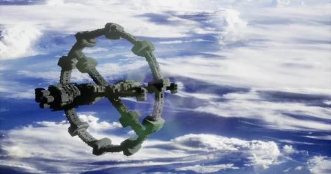 Space station orbits Earth with clouds and atmosphere in the background Stock Illustration