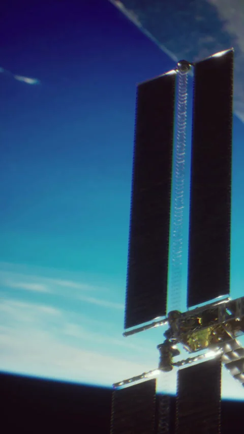 Space station orbits earth at low altitude with clear view of the planet Stock Footage 344961883