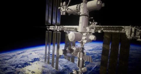 Space station orbits Earth showcasing innovative design and technology Stock Illustration