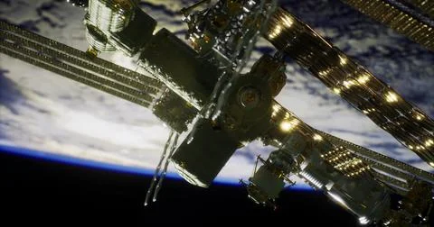 Space station orbits Earth with stunning views of the planet below Stock Illustration