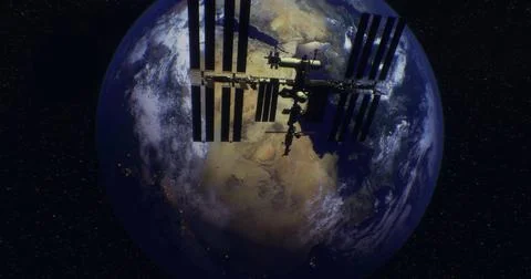 Space station orbits Earth in stunning view from above at night Ilustração Stock