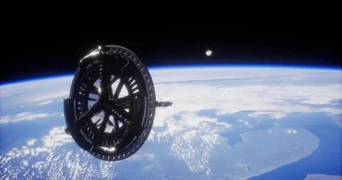 Space station orbits Earth with a stunning view of the planet and moon Ilustração Stock