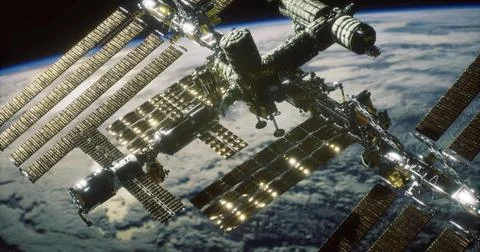 Space station orbits Earth with sunlight reflecting on its solar panels Stock Illustration