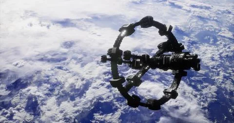 Space station orbits Earth surrounded by clouds during daylight 스톡 일러스트