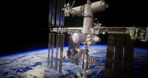 Space station orbits Earth vibrant with blue and white patterns below Stock Illustration