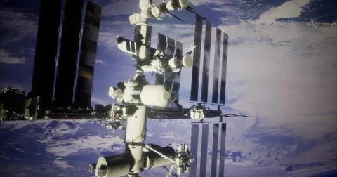 Space station orbits Earth while sun casts shadows on panels Stock Illustration